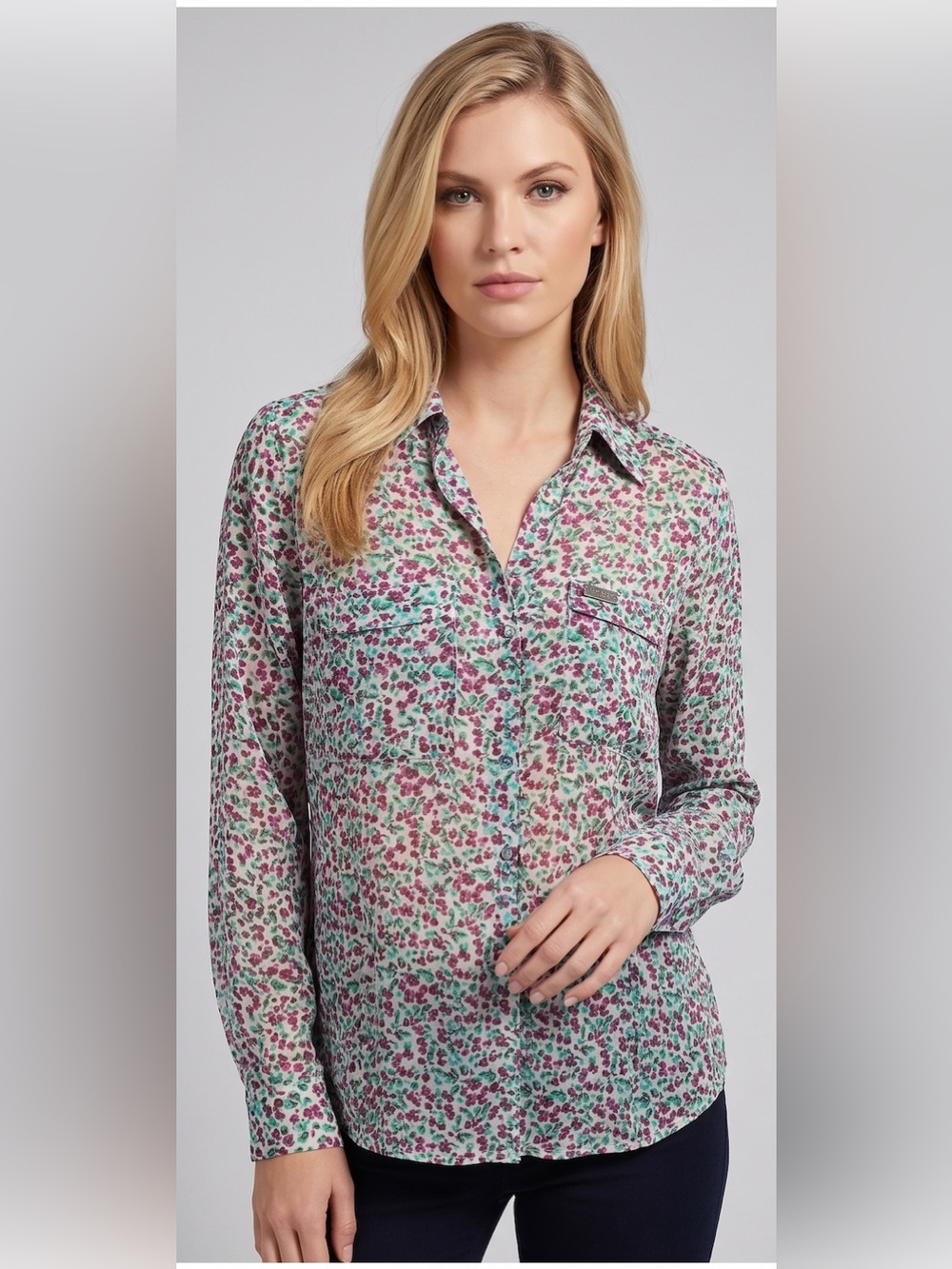 GUESS Los Angeles Sheer Floral Button Up Blouse | Pink Green Ditsy Print